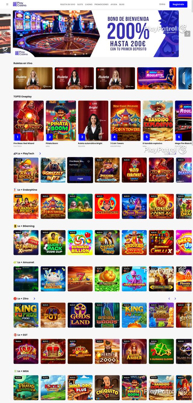 Capture of the front page of OnePlay Casino (oneplaycasino.es) on 18 October 2026