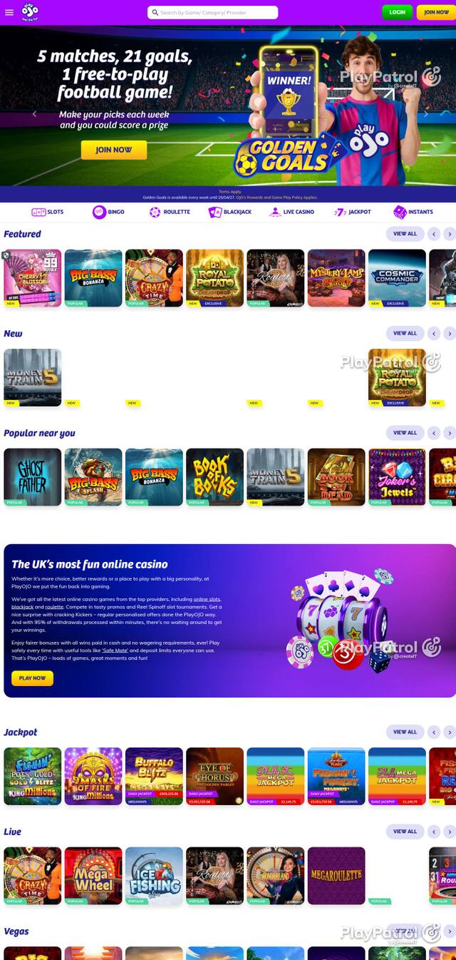 Capture of the front page of PlayOJO (playojo.com) on 2 October 2026
