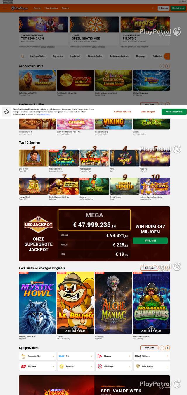 Homepage capture of LeoVegas Casino Nederland recorded during the scan