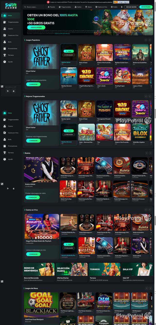 Capture of the front page of Swift Casino (swiftcasino.es) on 9 October 2026