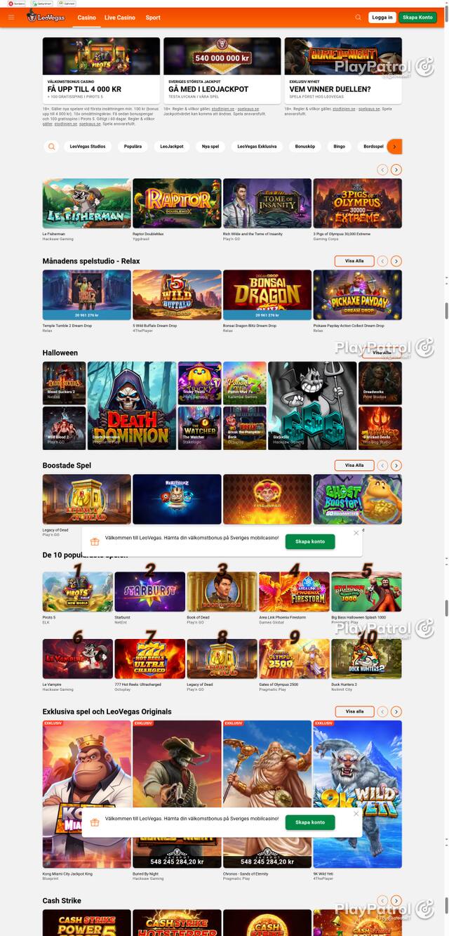 Capture of the front page of leovegas.com (leovegas.com) on 30 October 2026