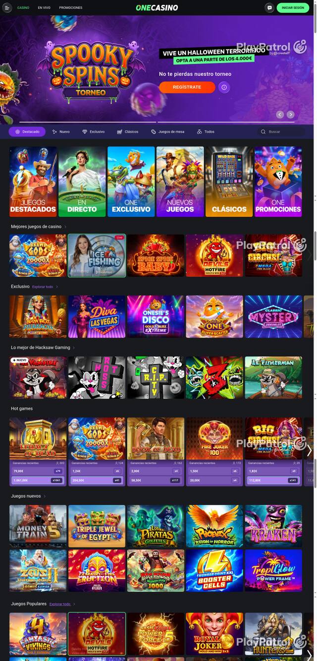 Capture of the front page of One Casino (onecasino.es) on 15 October 2026