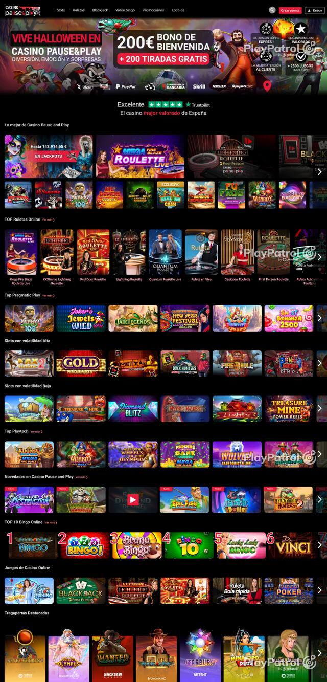 Capture of the front page of Casino Pause and Play (casinopauseandplay.es) on 8 October 2026