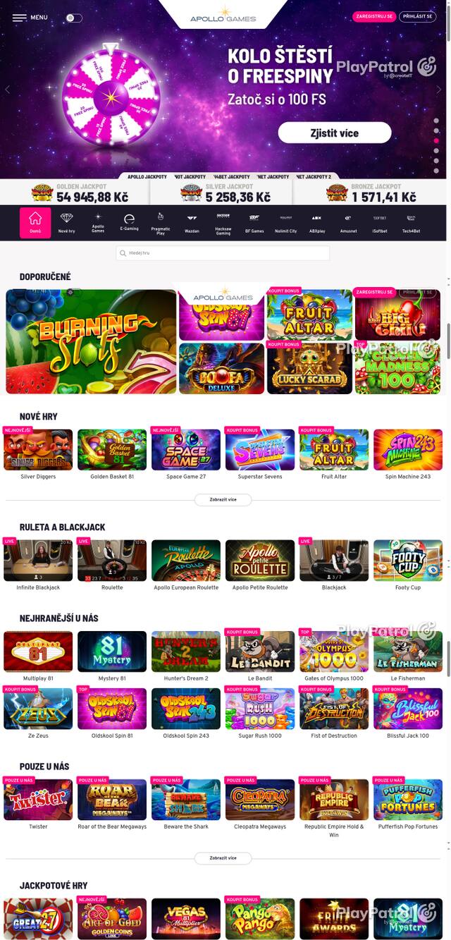Capture of the front page of Apollo Games (apollogames.cz) on 24 October 2026