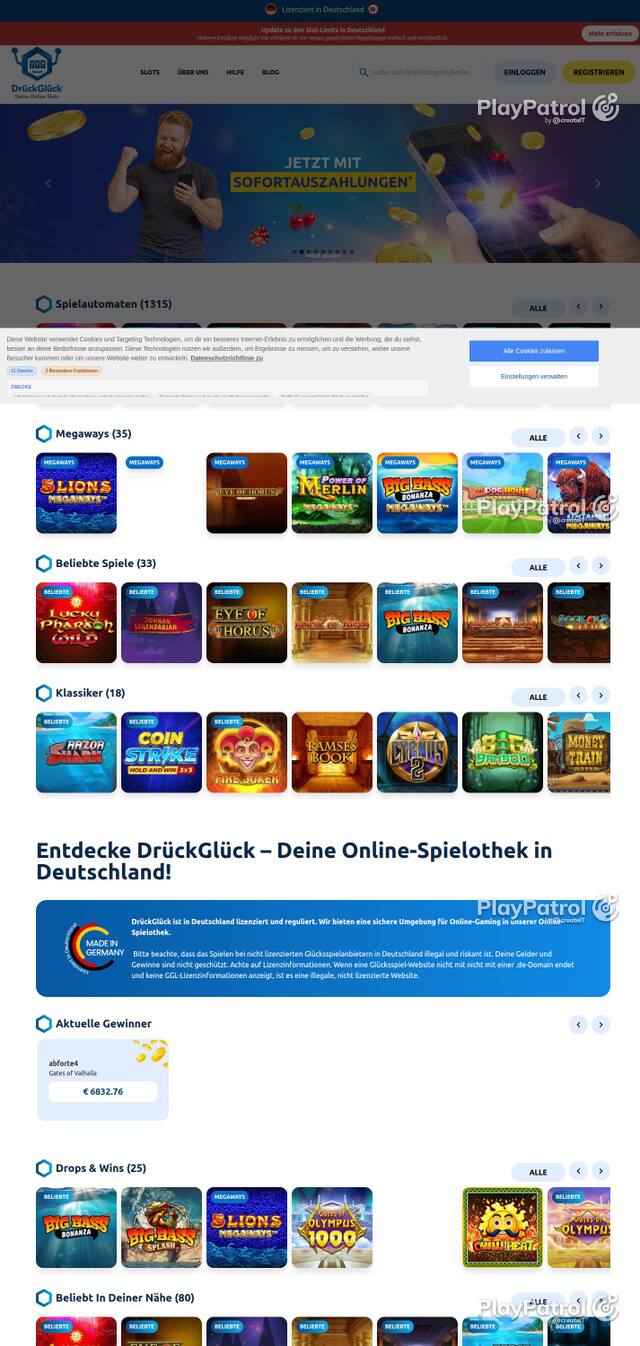 Capture of the front page of DrückGlück (drueckglueck.de) on 3 October 2026