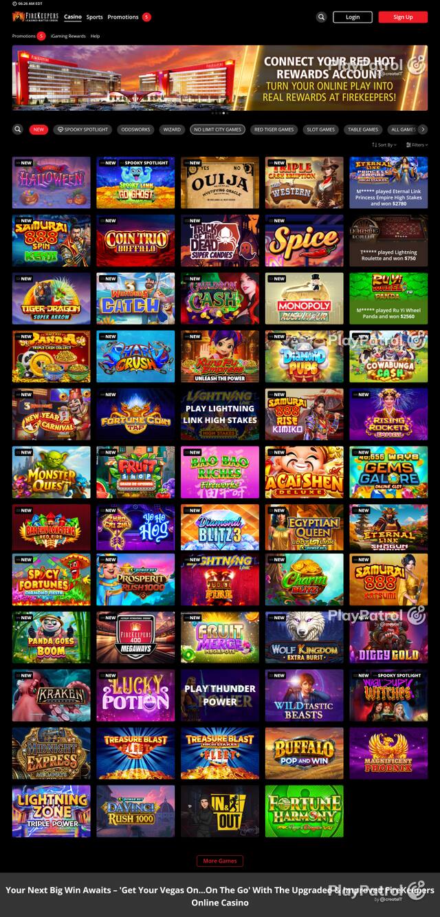 Capture of the front page of igaming.firekeeperscasino.com (igaming.firekeeperscasino.com) on 28 October 2026