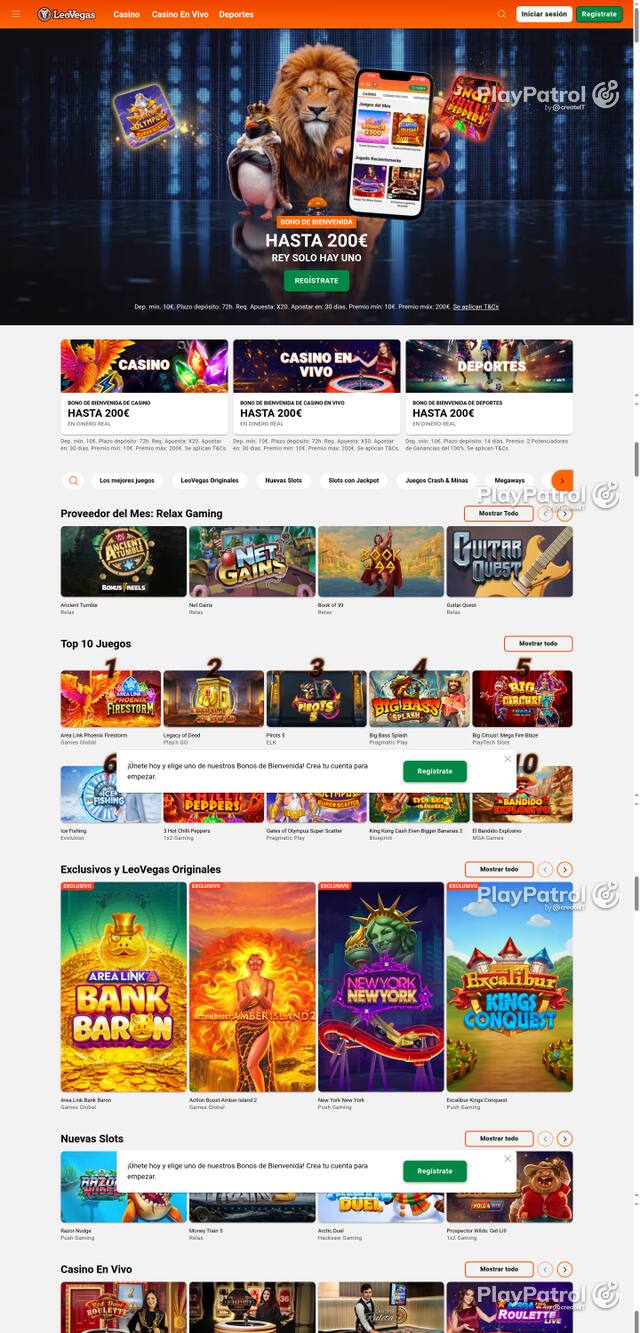 Capture of the front page of LeoVegas (leovegas.es) on 18 October 2026