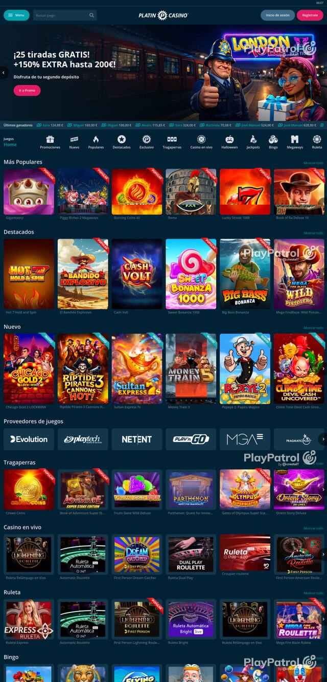 Front page of Platin Casino as captured on 29 October 2026
