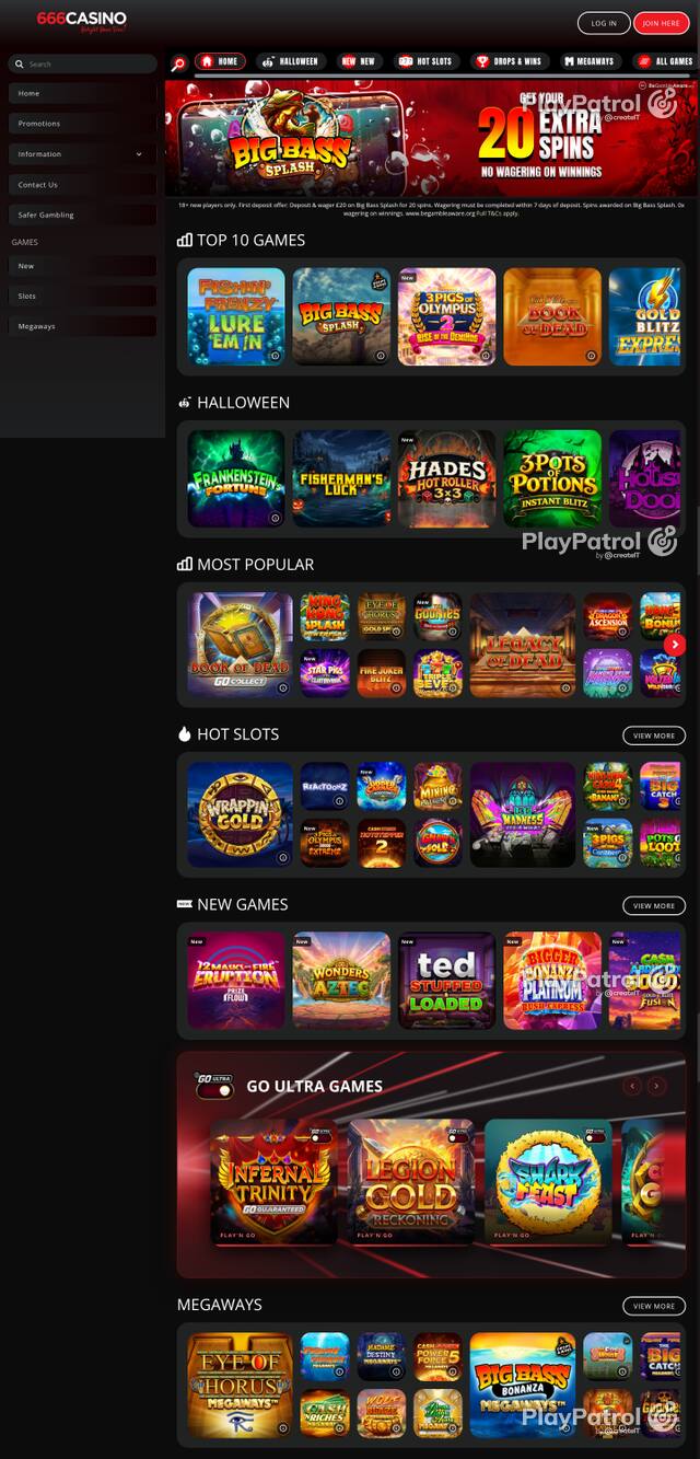 Capture of the front page of 666 Casino (666casino.com) on 22 October 2026