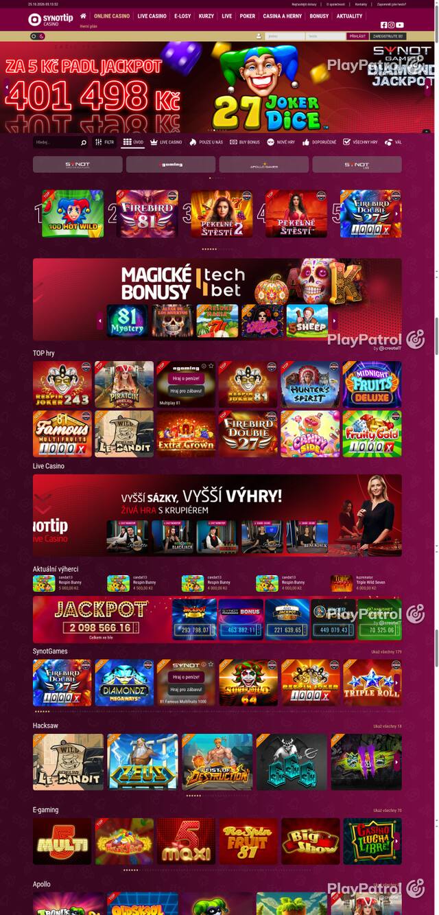 Capture of the front page of Synot Tip (casino.synottip.cz) on 25 October 2026
