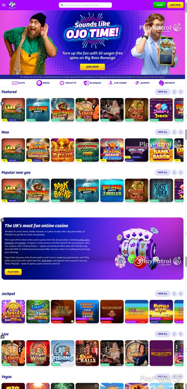 Capture of the front page of PlayOJO (playojo.com) on 17 October 2026