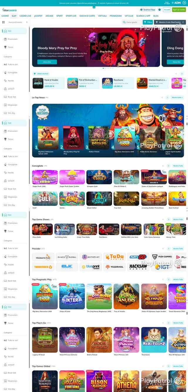 Capture of the front page of StarCasinò (starcasino.it) on 23 October 2026