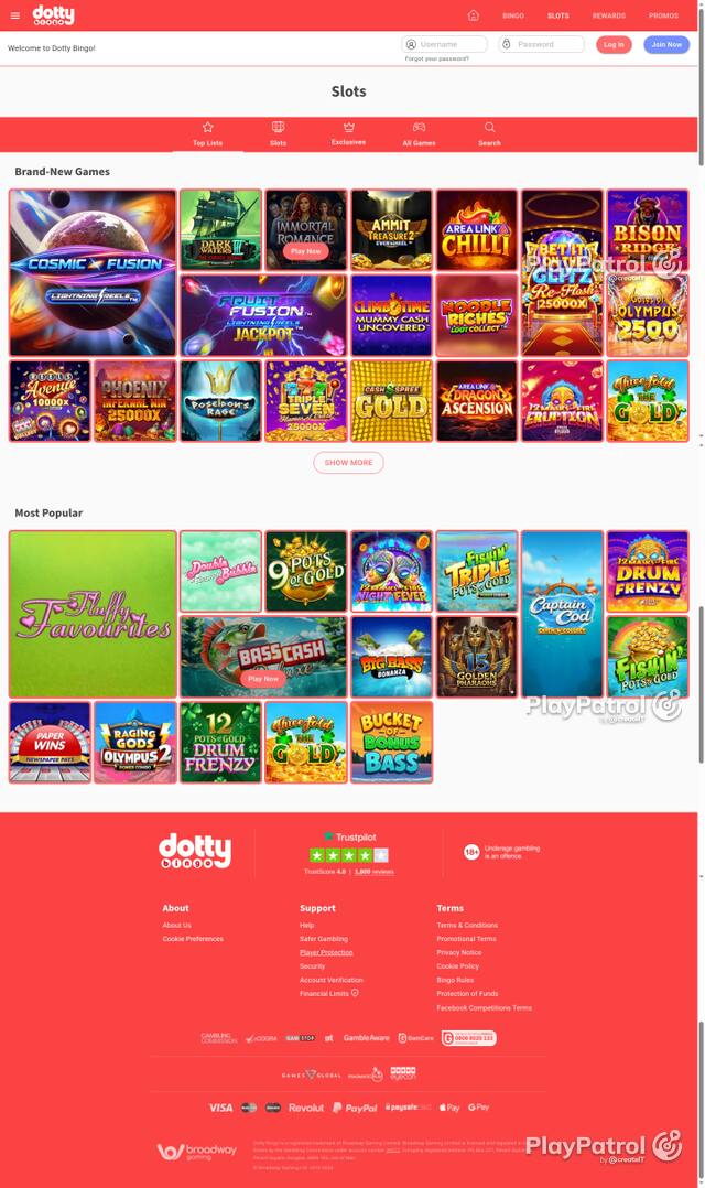Capture of the front page of Dotty Bingo (dottybingo.com) on 9 October 2026