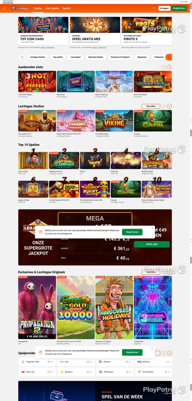 Capture of the front page of LeoVegas Casino Nederland (leovegas.nl) on 21 October 2026