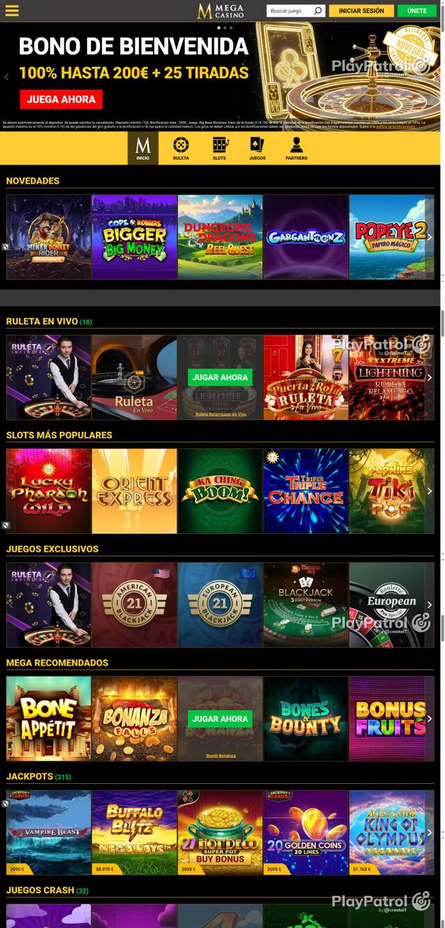 Capture of the front page of Mega Casinos (megacasinos.es) on 9 October 2026