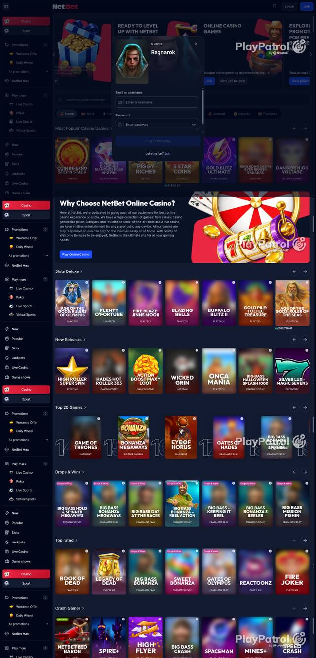 Capture of the front page of NetBet Casino (netbet.co.uk) on 17 October 2026
