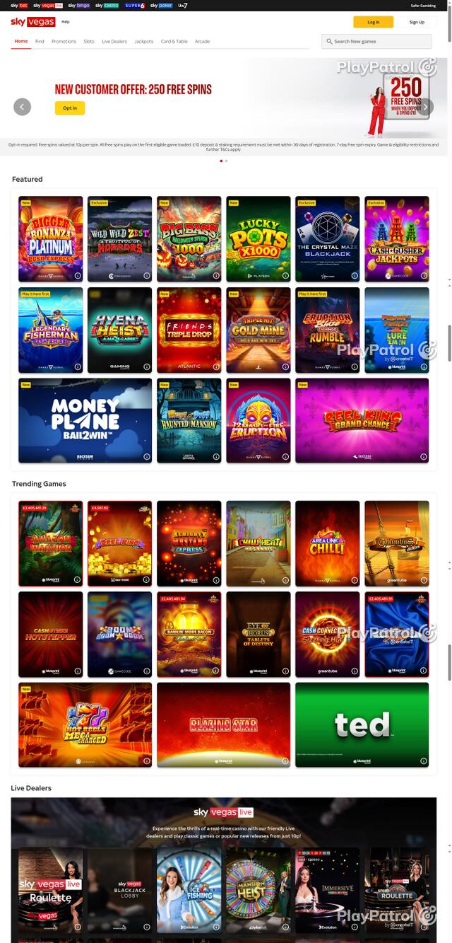 Capture of the front page of Sky Vegas (skyvegas.com) on 22 October 2026