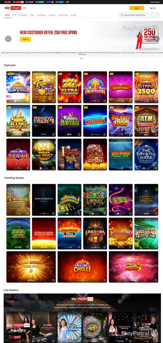 Capture of the front page of Sky Vegas (skyvegas.com) on 3 October 2026