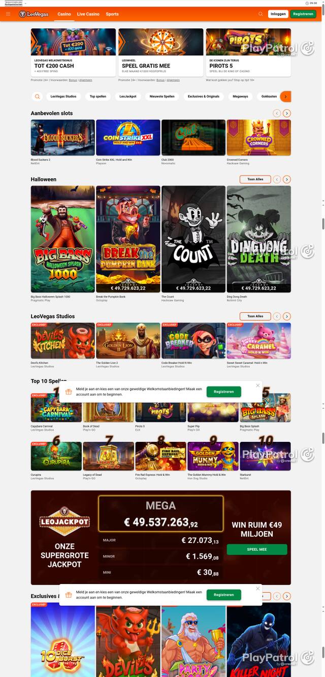 Capture of the front page of LeoVegas Casino Nederland (leovegas.nl) on 27 October 2026
