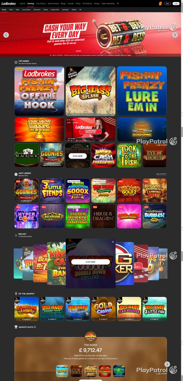Capture of the front page of Ladbrokes (casino.ladbrokes.com) on 11 October 2026