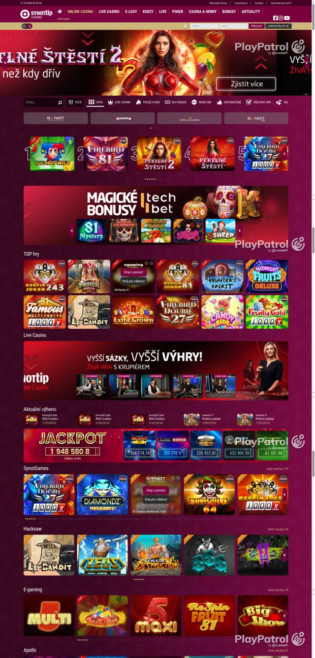 Capture of the front page of Synot Tip (casino.synottip.cz) on 17 October 2026
