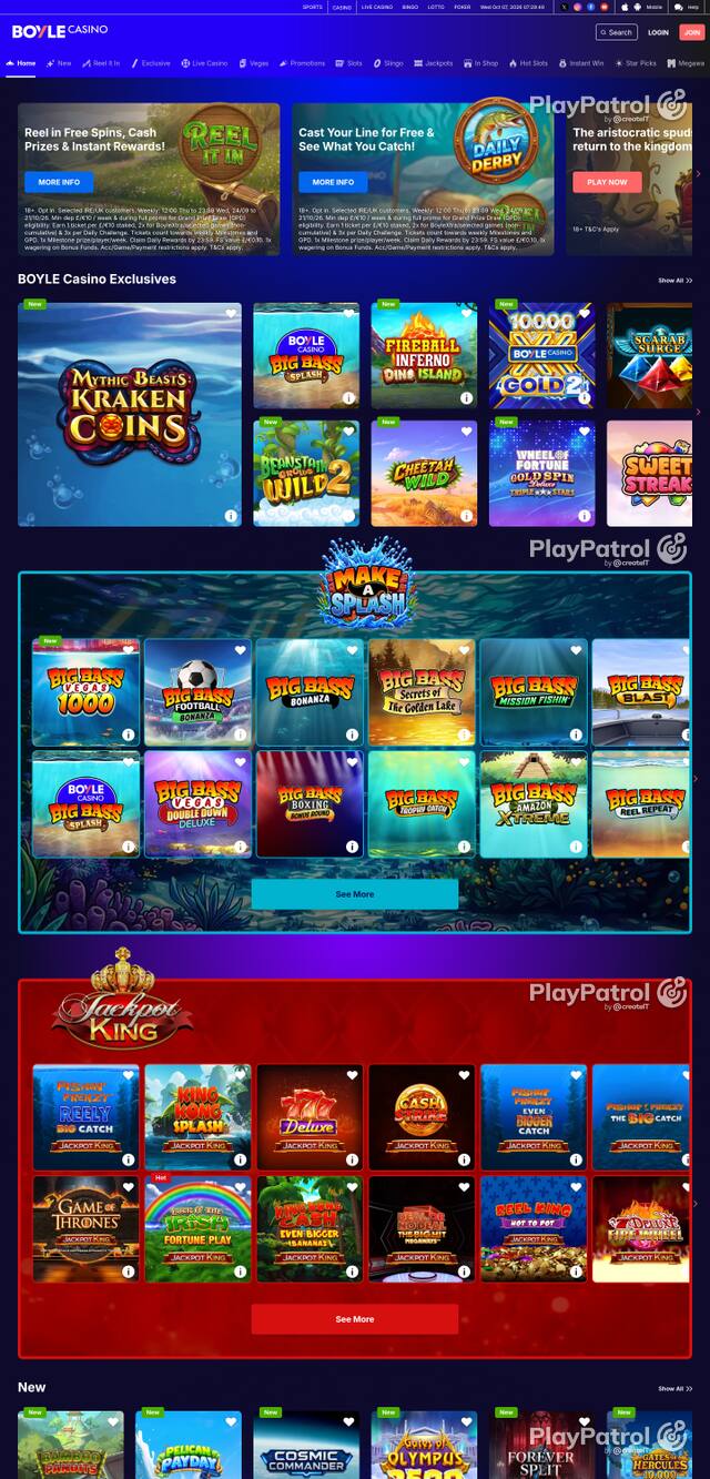Capture of the front page of BoyleSports Casino (games.boylesports.com) on 7 October 2026