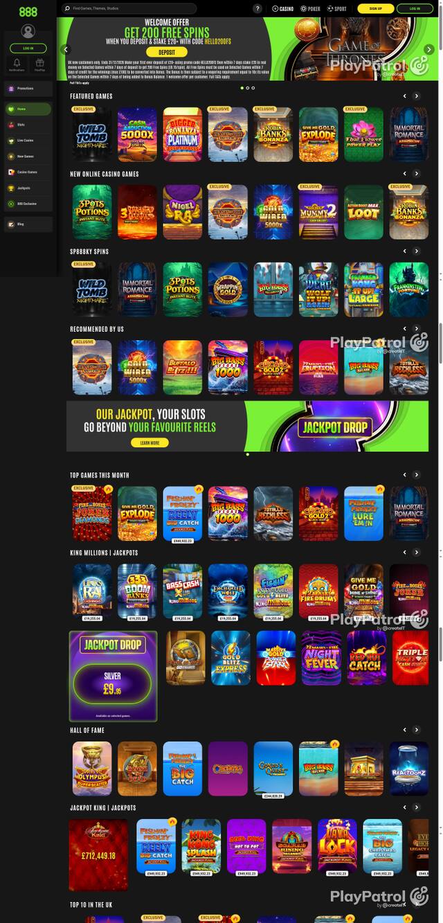 Capture of the front page of 888casino (888casino.com) on 22 October 2026