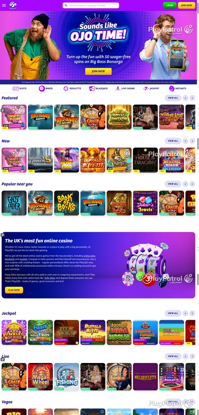 Capture of the front page of PlayOJO (playojo.com) on 8 October 2026