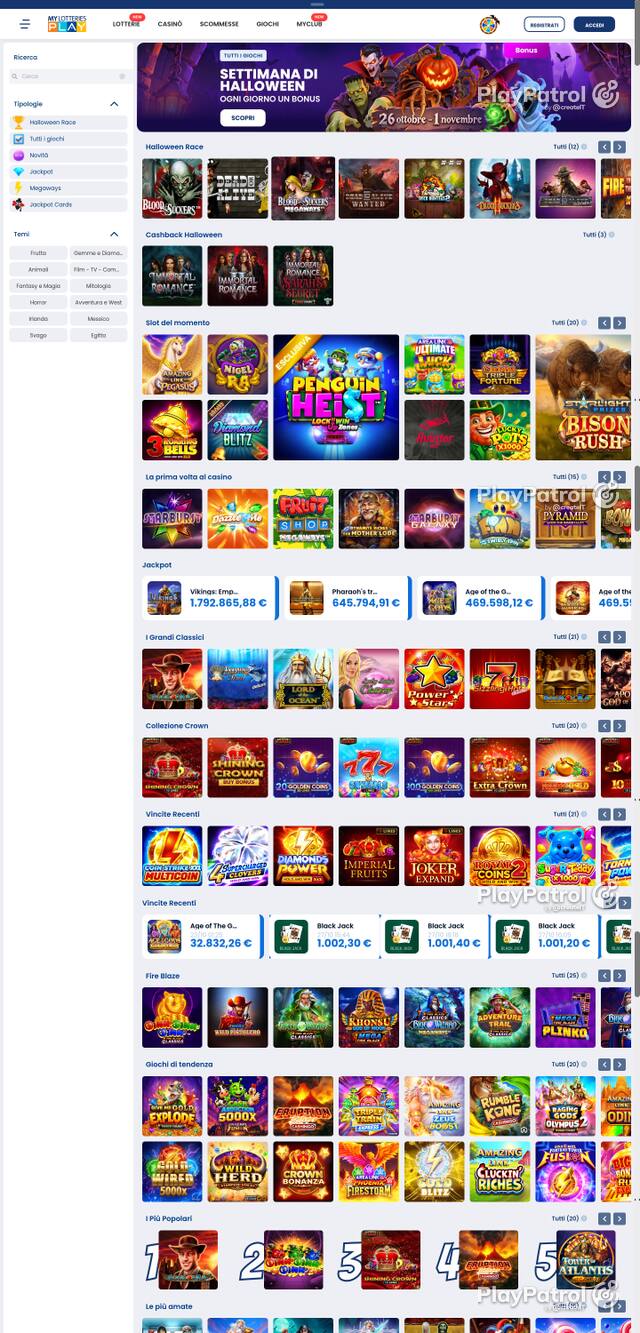 Capture of the front page of MyLotteries (mylotteriesplay.it) on 28 October 2026