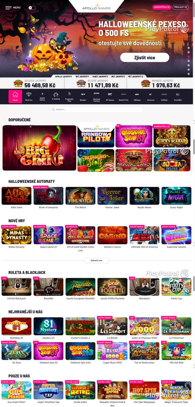 Capture of the front page of Apollo Games (apollogames.cz) on 28 October 2026
