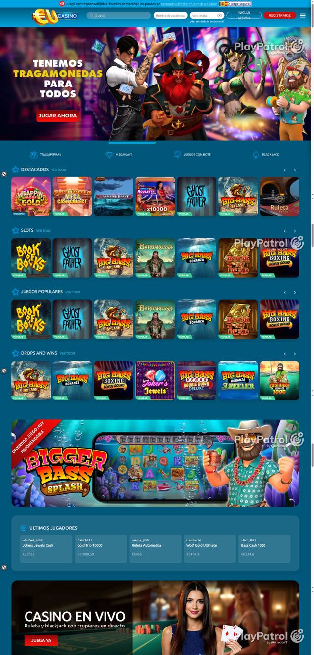 Capture of the front page of EU Casino (eucasino.es) on 19 October 2026