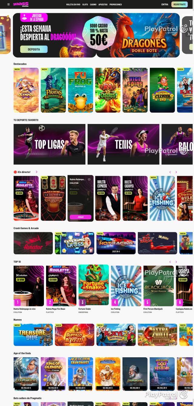 Capture of the front page of Yaass Casino (yaasscasino.es) on 14 October 2026