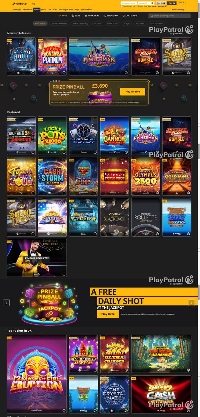Capture of the front page of Betfair Casino (casino.betfair.com) on 23 October 2026
