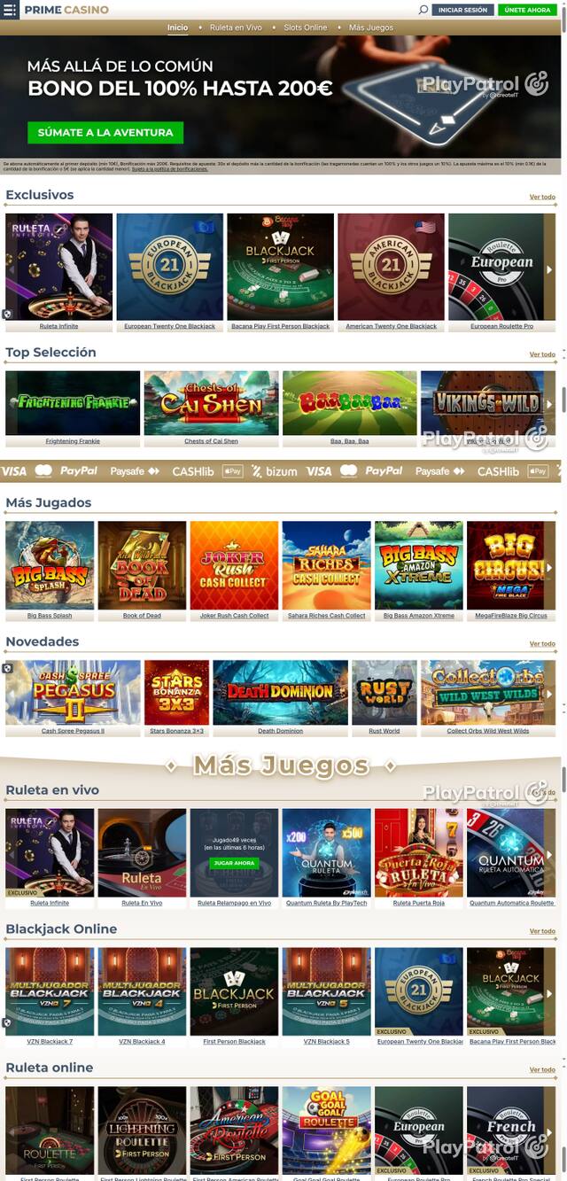 Capture of the front page of Prime Casino (primecasino.es) on 19 October 2026