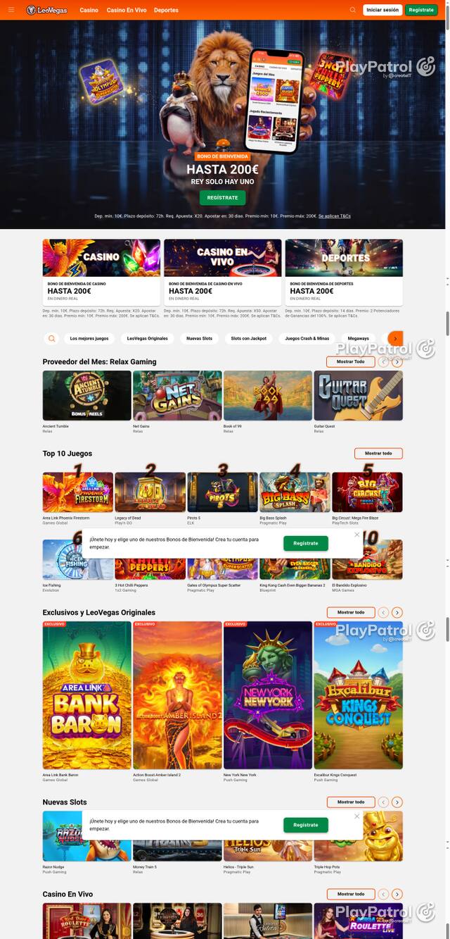 Capture of the front page of LeoVegas (leovegas.es) on 16 October 2026