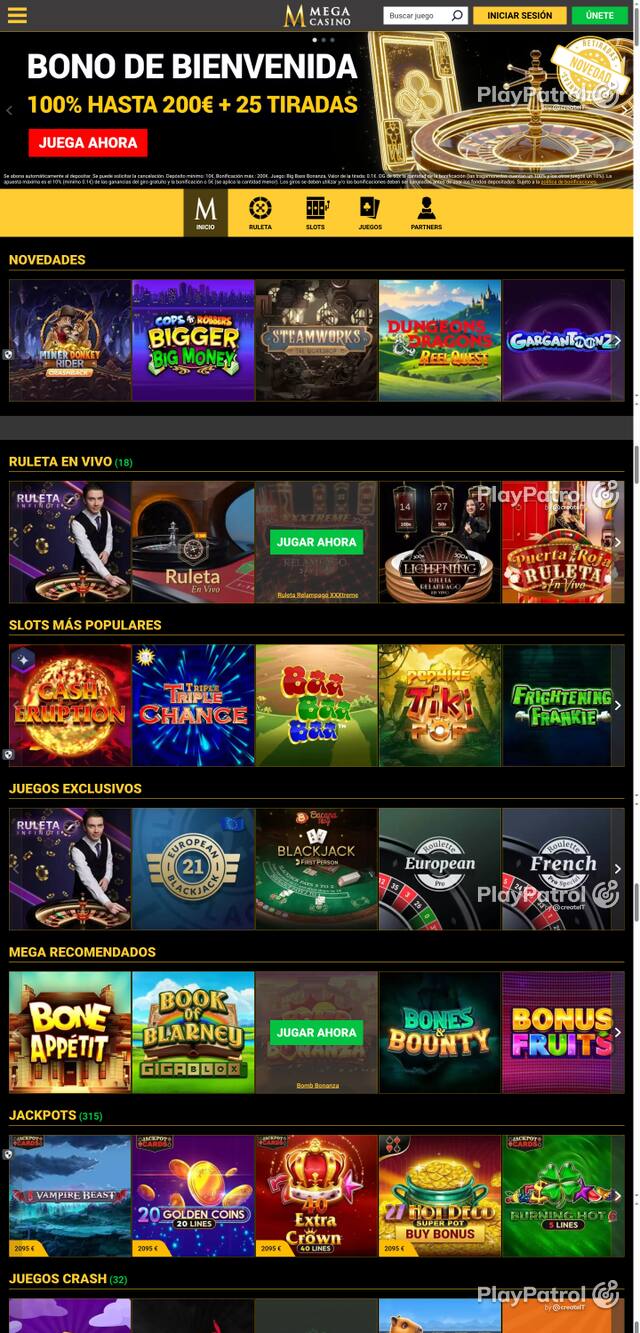 Capture of the front page of Mega Casinos (megacasinos.es) on 8 October 2026