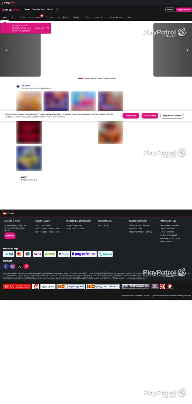 Homepage capture of PartyCasino recorded during the scan