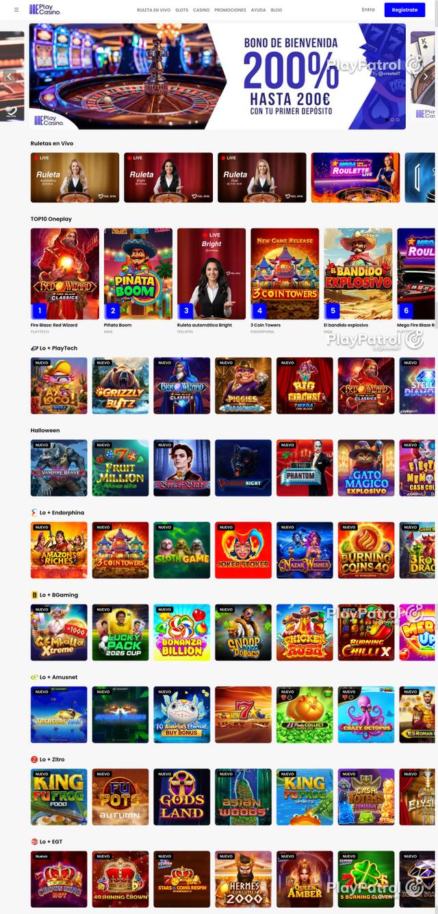 Capture of the front page of OnePlay Casino (oneplaycasino.es) on 22 October 2026