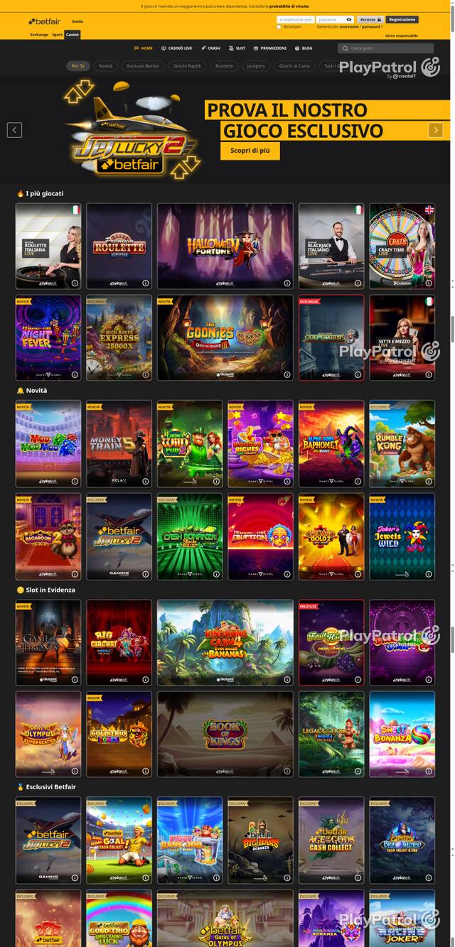 Capture of the front page of Betfair (casino.betfair.it) on 10 October 2026