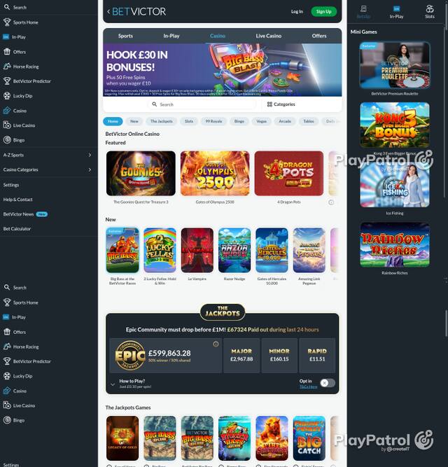 Capture of the front page of BetVictor Casino (betvictor.com) on 5 October 2026