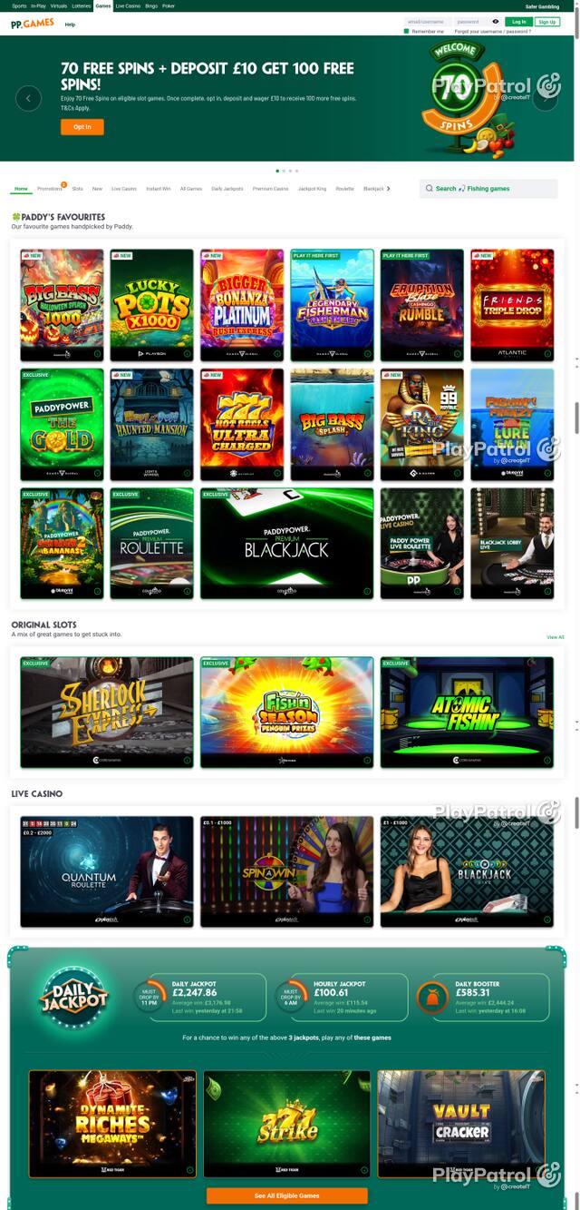 Capture of the front page of Paddy Power Games (games.paddypower.com) on 22 October 2026