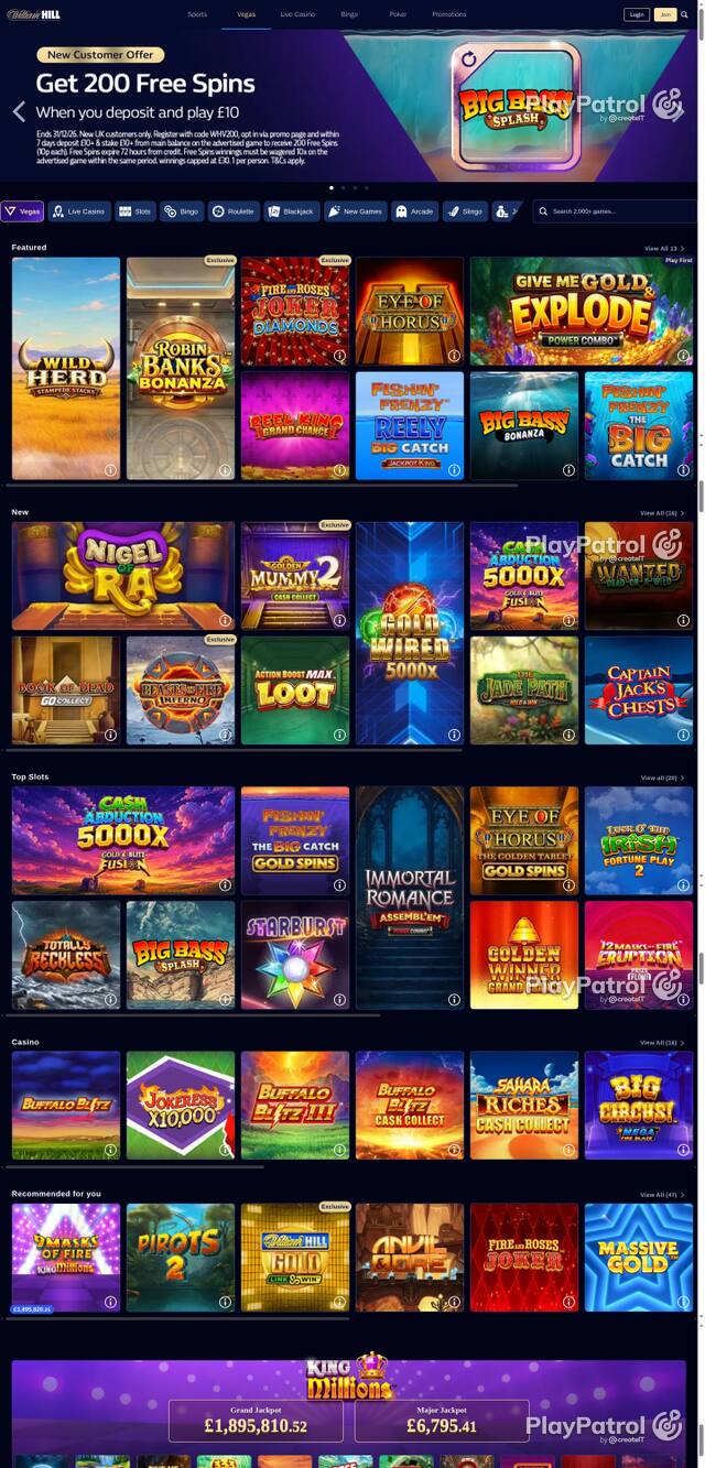Capture of the front page of William Hill (vegas.williamhill.com) on 20 October 2026
