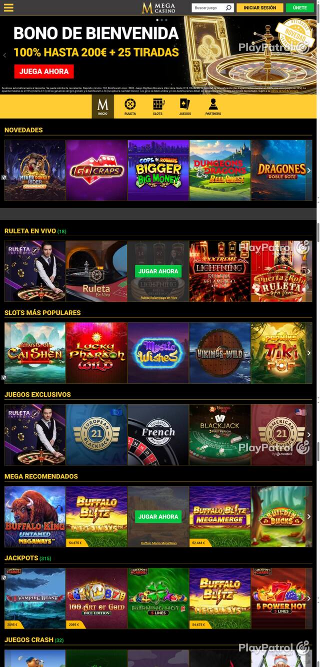 Capture of the front page of Mega Casinos (megacasinos.es) on 14 October 2026