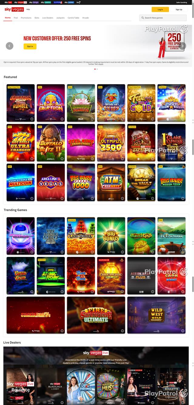 Capture of the front page of Sky Vegas (skyvegas.com) on 7 October 2026