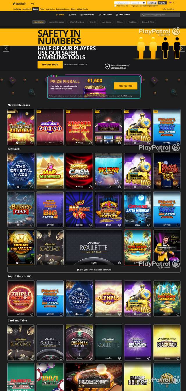 Homepage capture of Betfair Casino recorded during the scan