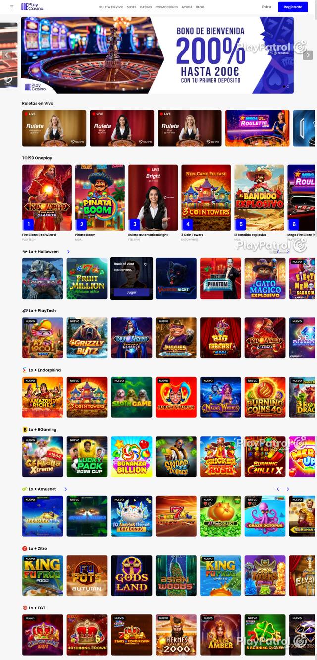 Capture of the front page of OnePlay Casino (oneplaycasino.es) on 26 October 2026