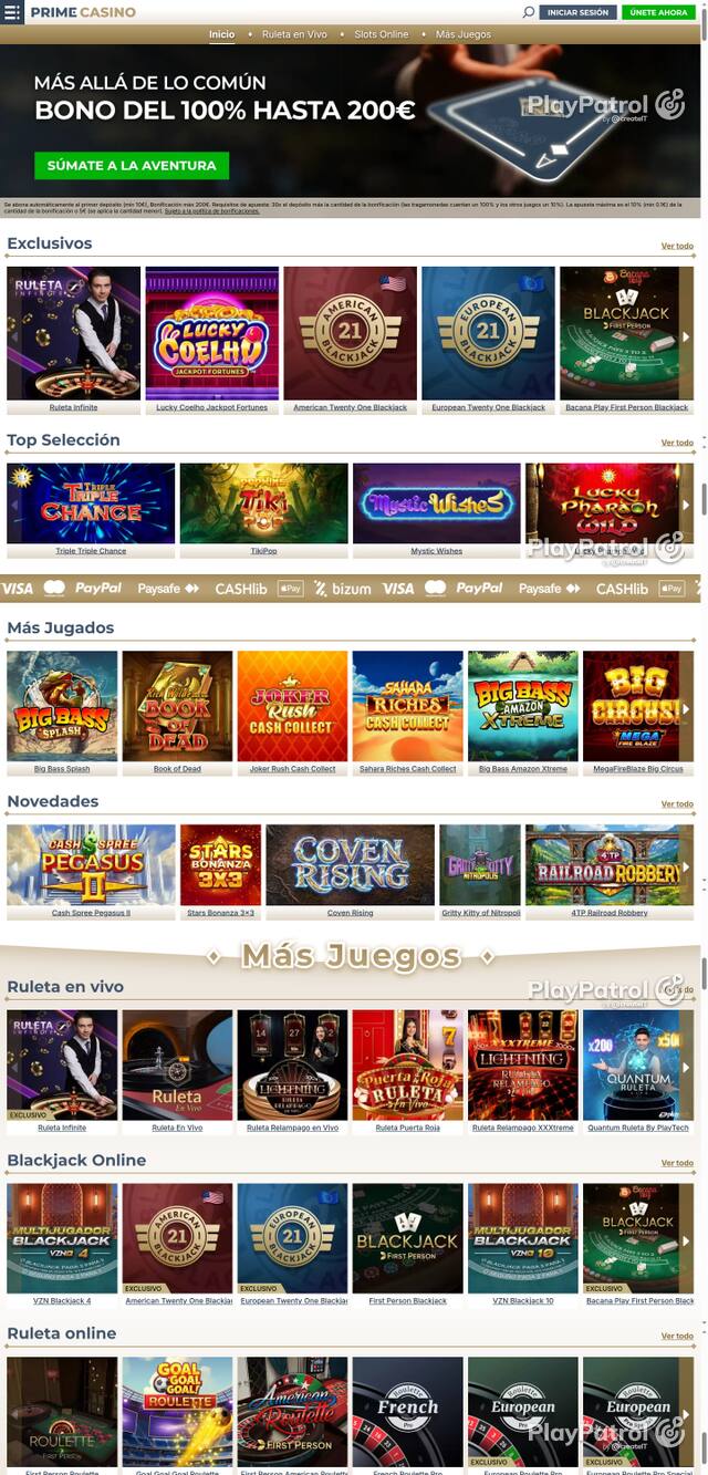 Capture of the front page of Prime Casino (primecasino.es) on 22 October 2026