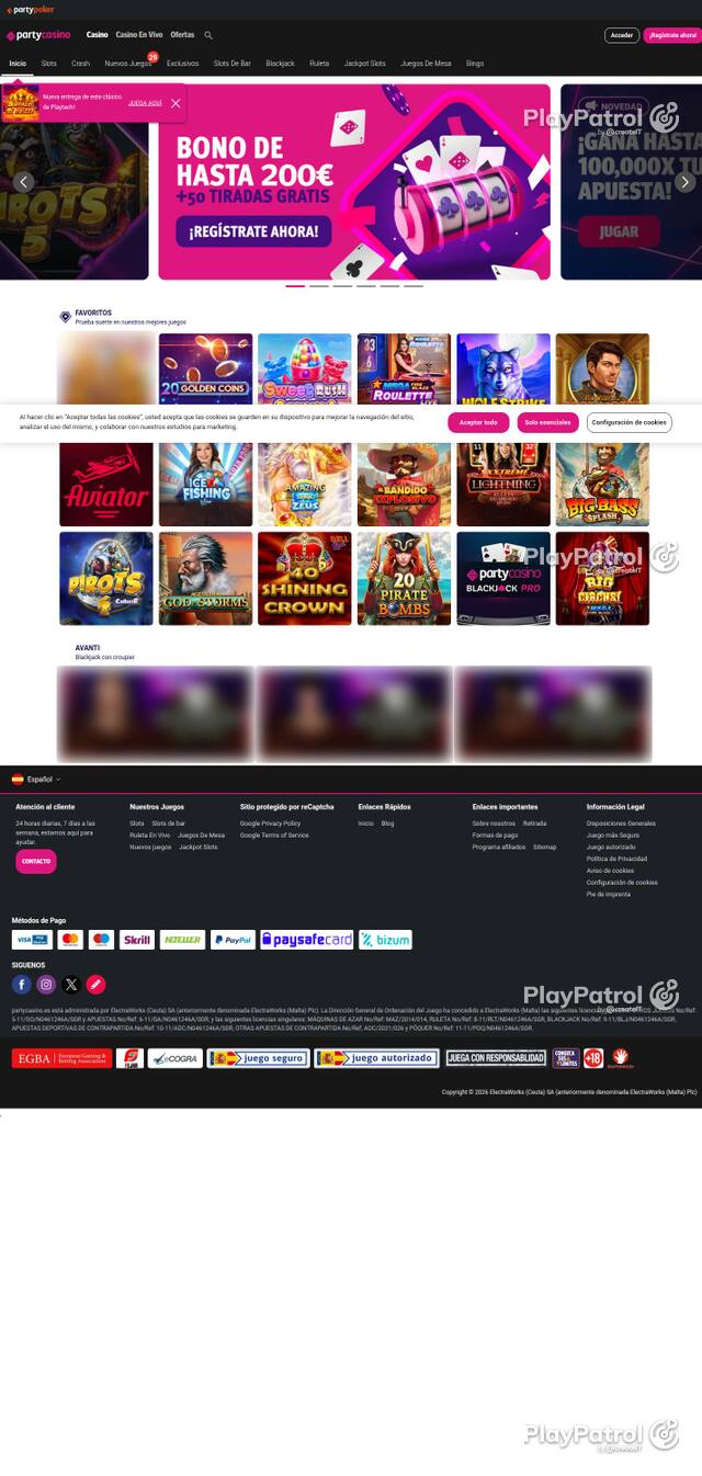 Homepage capture of PartyCasino recorded during the scan