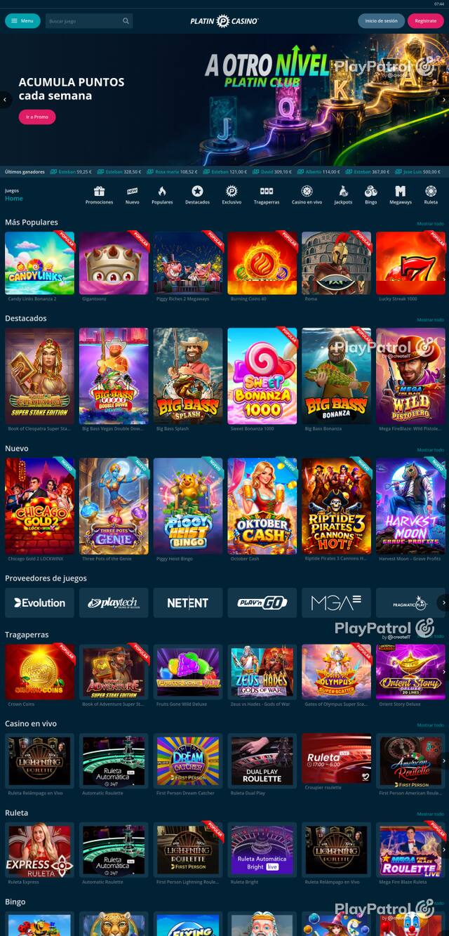 Capture of the front page of Platin Casino (platincasino.es) on 7 October 2026