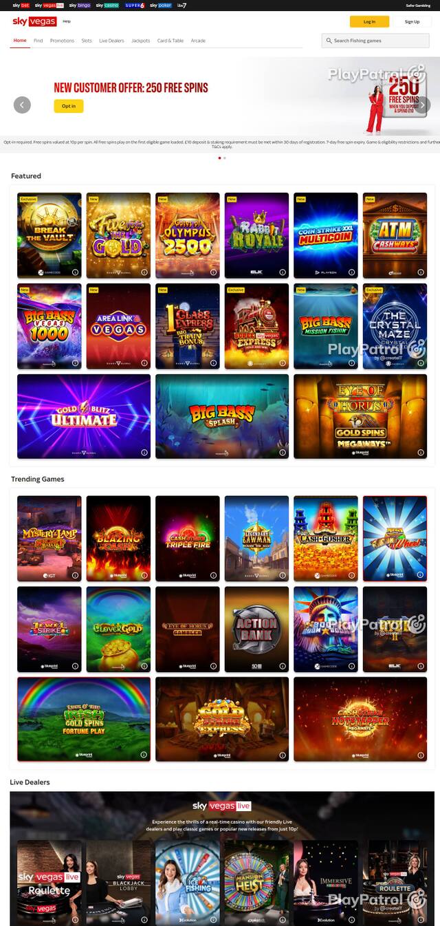 Homepage capture of Sky Vegas recorded during the scan
